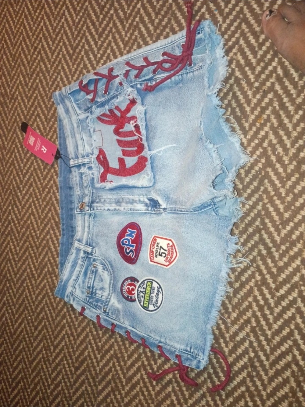 ROMWE Light Blue Denim Shorts with Red Lace-Up & Patch Details